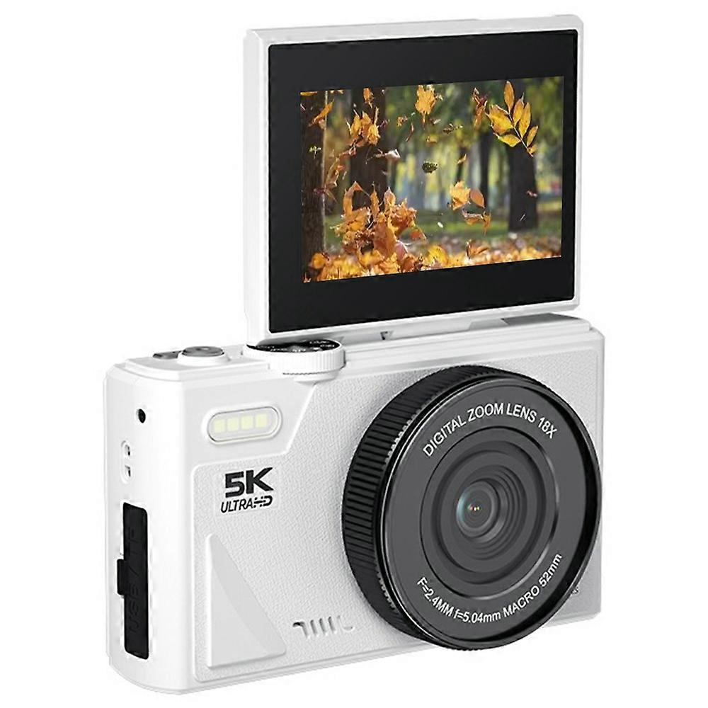 TKdaddy W1 3.0 Inch Flip Screen 18X Digital Zoom Digital Camera 5K Video Recorder with LED Flash, with 32GB Card + Card Reader White
