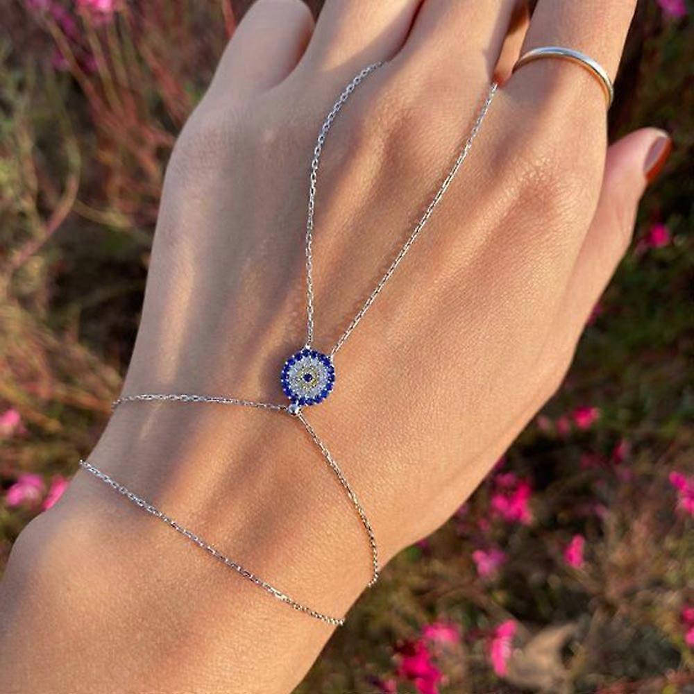 Nueva pulsera de dedo con forma de ojo de diablo de diamantes de imitación, estilo simple y versátil, pulsera de círculo de diamantes, modelo femenino, pulsera circular plateada.