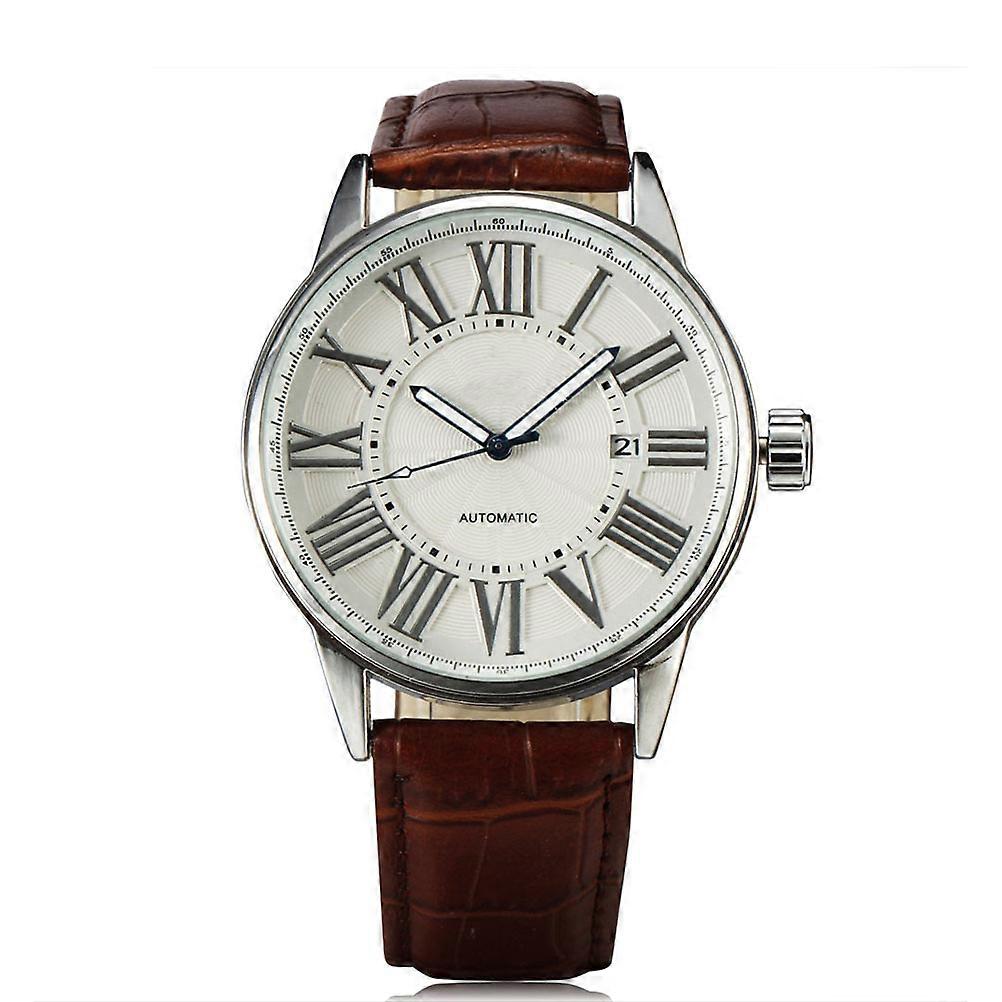 Men Automatic Mechanical Wrist Watch Function 3Pcs PU Band Brown