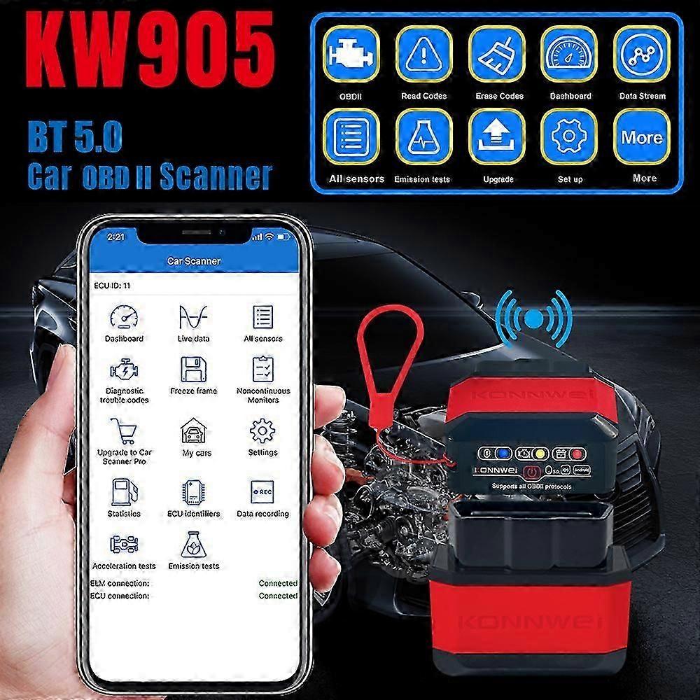 KONNWEI KW905 BT 5.0 Wireless OBDII Car Auto Diagnostic Scan Tools Car Detector Tester Scanner for IOS Android System, Red