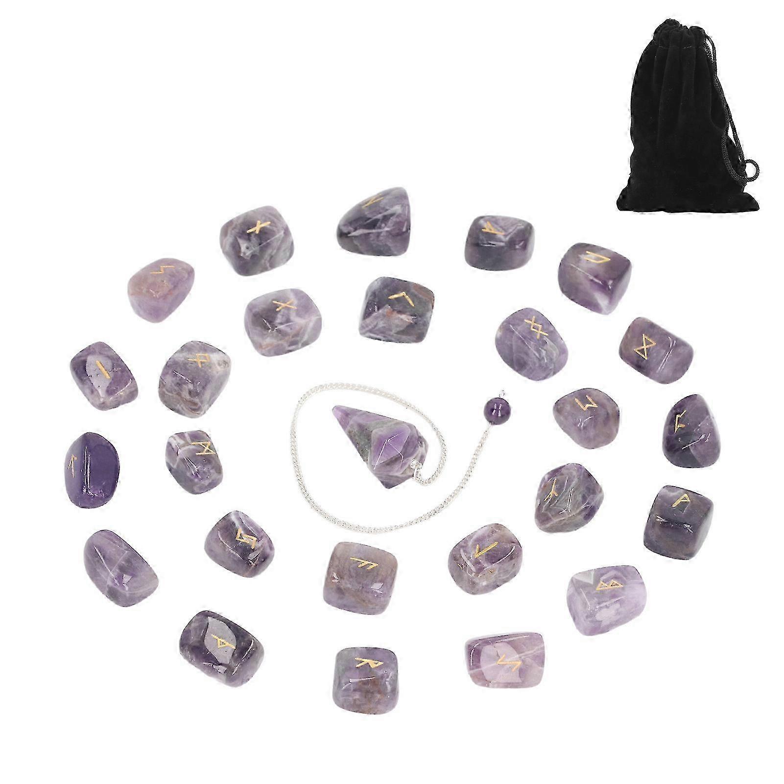 2025 25Pcs Rune Stones Healing Balanced Chakras Peaceful Mind Lettering Crystal with Bag Pendulum for Divination Meditation Amethyst with Pendulum