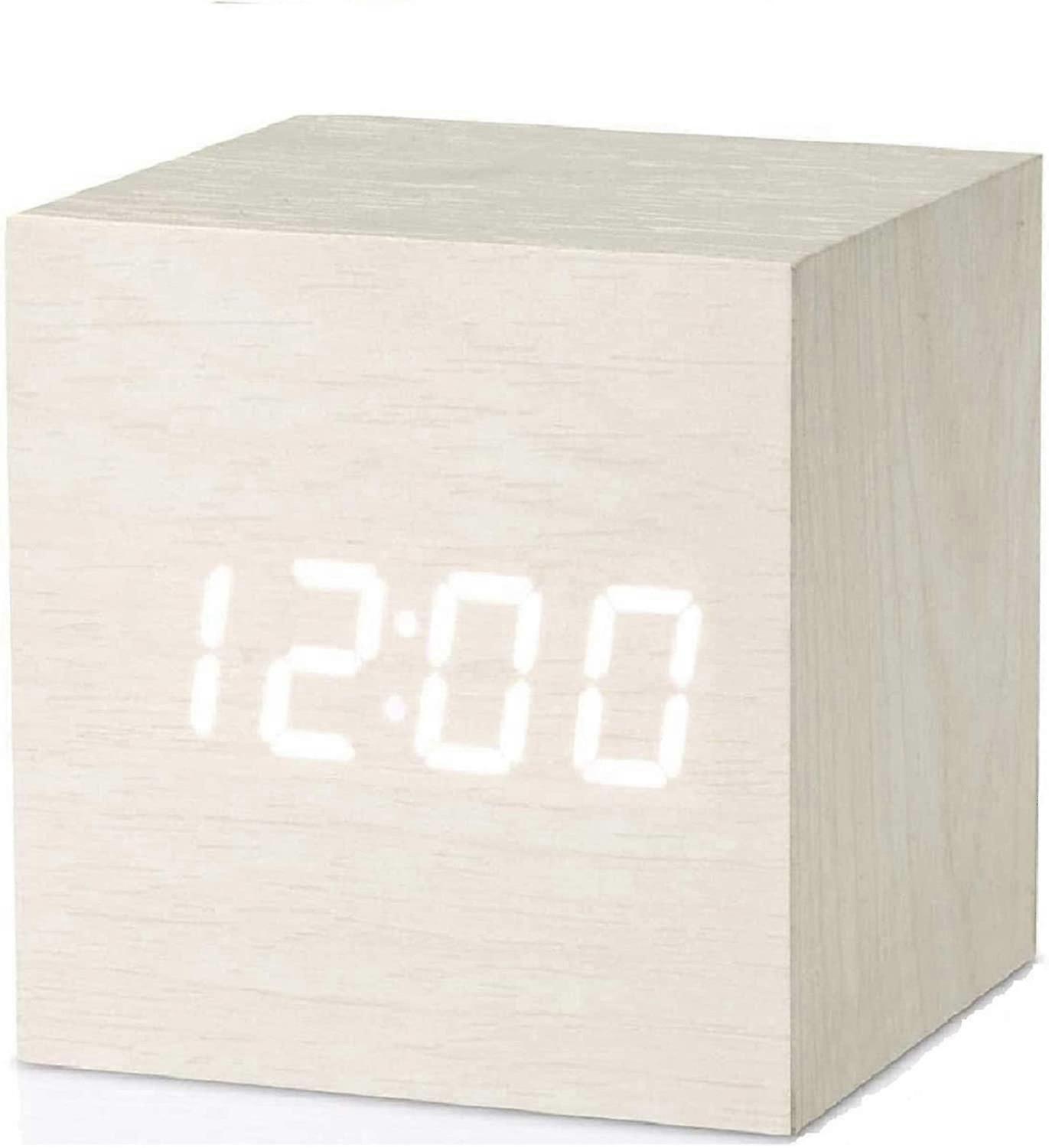 Digital Alarm Clock Wooden Alarm Clock Usb Battery Powered Desk Clock Cube Clock, White on White
