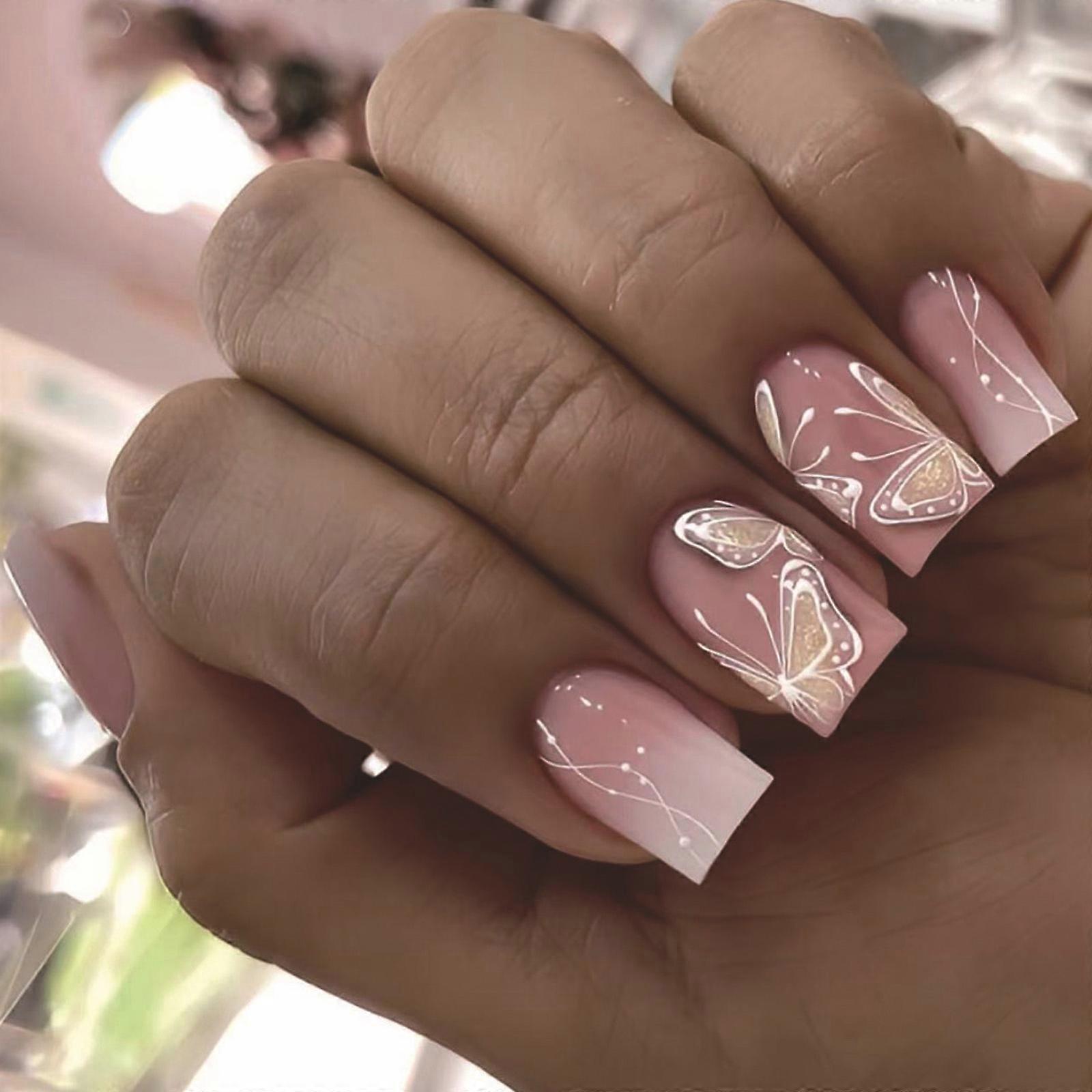 24 قطعة مكبس مربع على مسمار تصميم لامع فرنسي مزيف مسمار أكريليك مسمار كاذب ، غراء مسمار اصطناعي على مسمار للمرأة متعددة الألوان