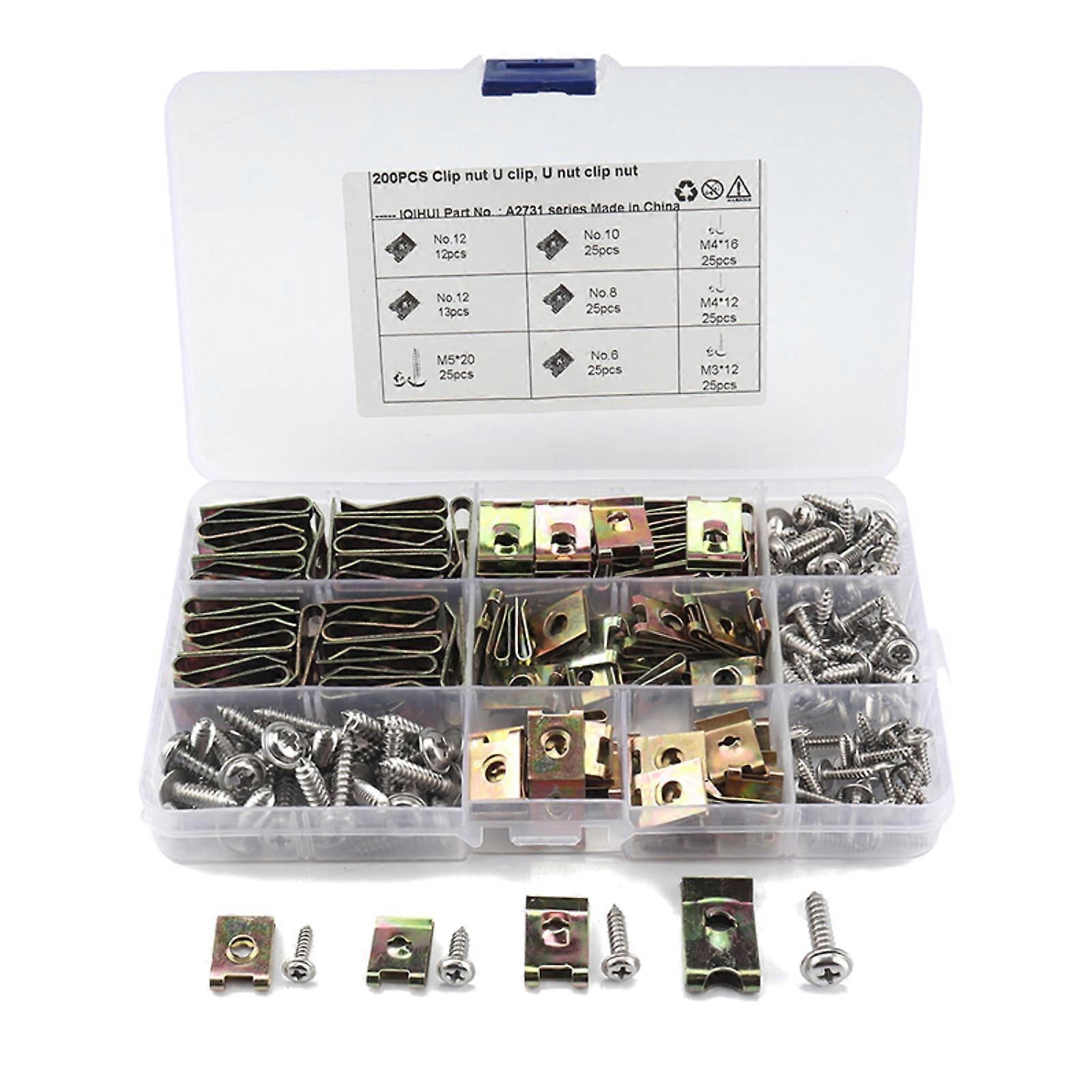200x No.6-12 U Nuts and M3-M5 Self-Tapping Screws Kit Convenient Fasteners for Connecting Car Body Ornaments