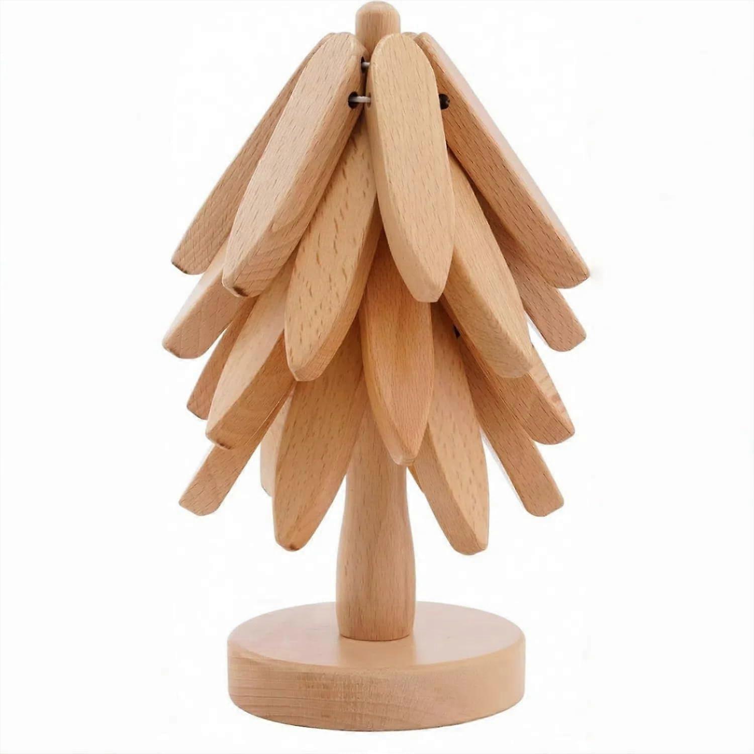 Wooden Trivets Set of 4 with Stand, Auto Unfold Beech Wood, 450°F Heat Resistant Pot Holders