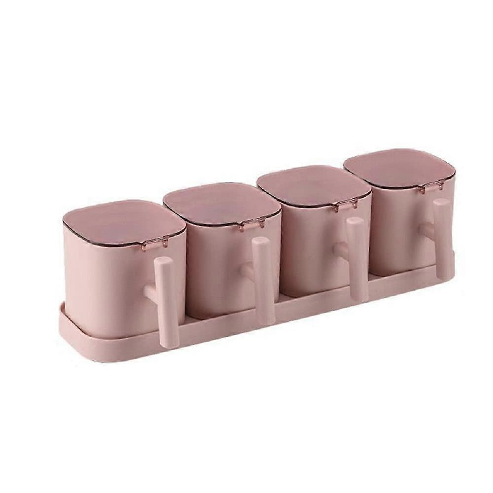 4 Compartment Spice Jar Set with Spoons and Lids, Pink Kitchen Seasoning Containers Organizer
