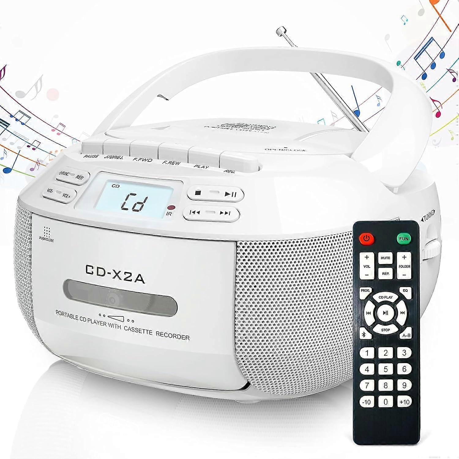 Portable CD Player Cassette Combo CD MP3 USB FM Bluetooth Playback LED Display Remote AC DC Powered White Boombox