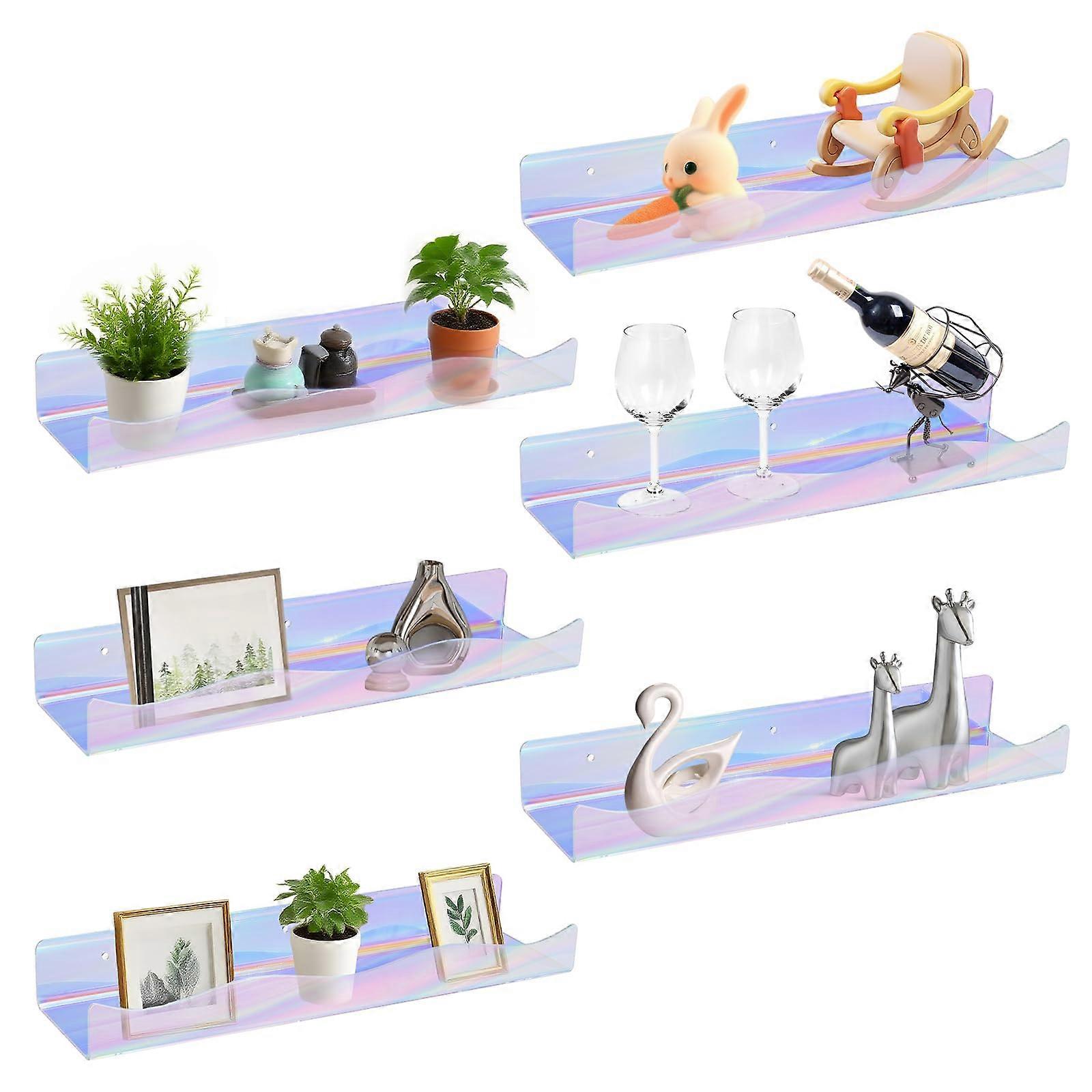 Floating Wall Shelf 15 Inch Acrylic with Rainbow Prism Finish and Secure Lip for Colorful Room Decor