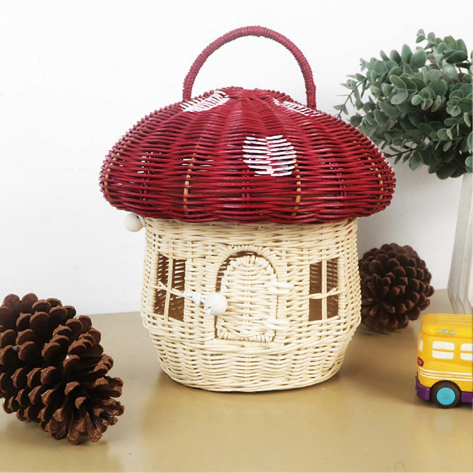 Rattan Basket with Lid, Handmade Mushroom Design Wicker Storage Organizer for Home Decor (Red)