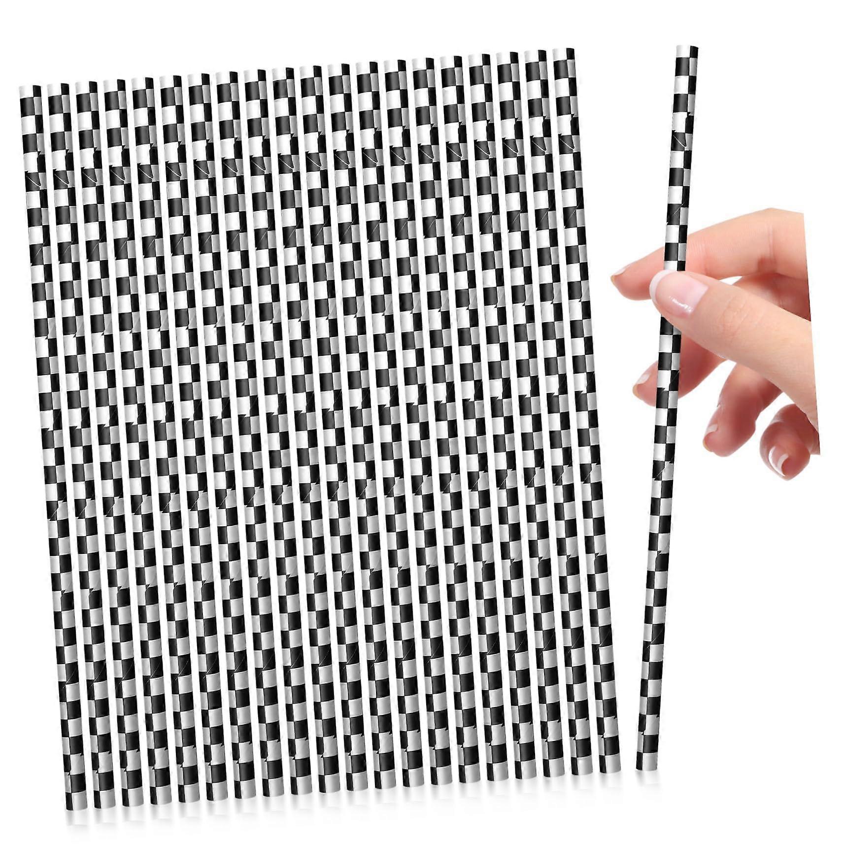 100pcs Checkered Paper Drinking Straws Racing Theme Durable Party Supplies for Beverages