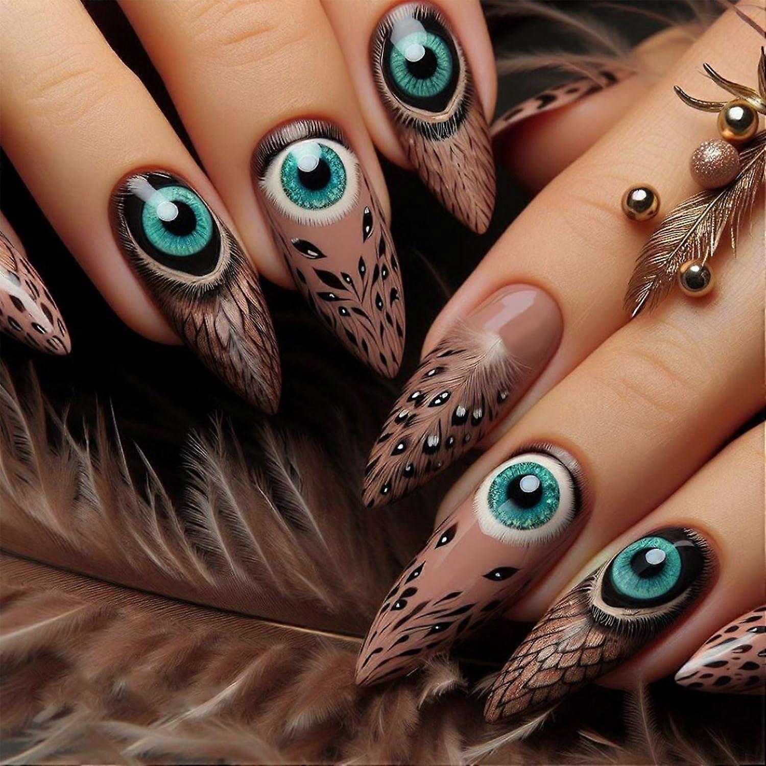 Almond Shape Press On Nails Set Peacock Feather Design 24 Pcs Reusable Acrylic Nail Tips