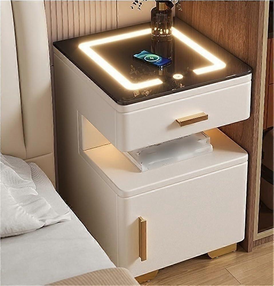 Smart Nightstand with Wireless Charging, Builtin Safe, LED Light, Modern Bedside Table Beige