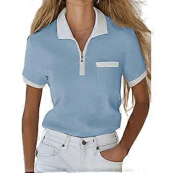Zomerse shirts met korte mouwen en kraag voor dames, V-hals, nette tops, gebreide losse modellen, lichtblauw L