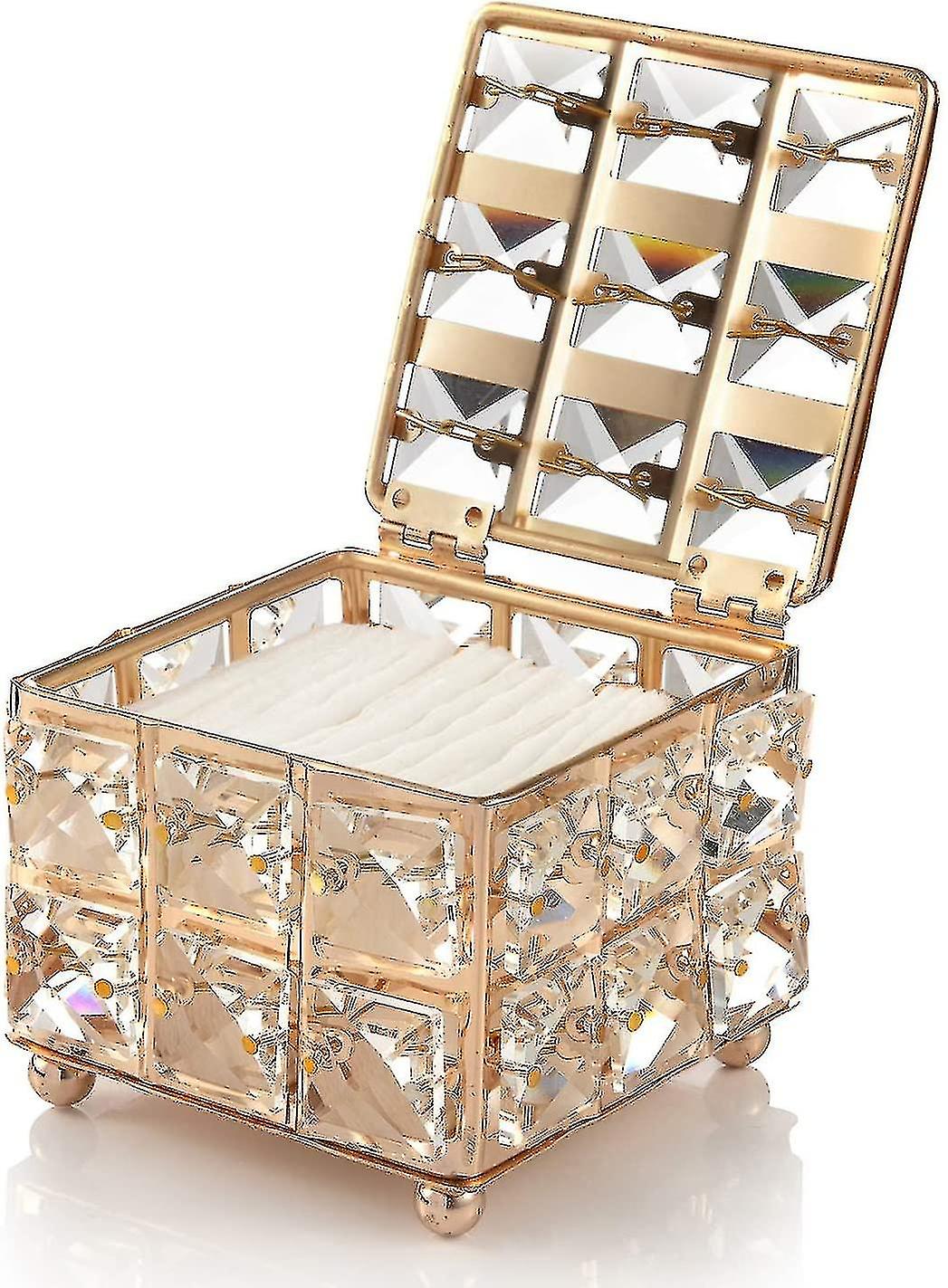 Crystal Makeup Storage Box With Lid, Diamond Pattern, Cotton Swabs, Makeup