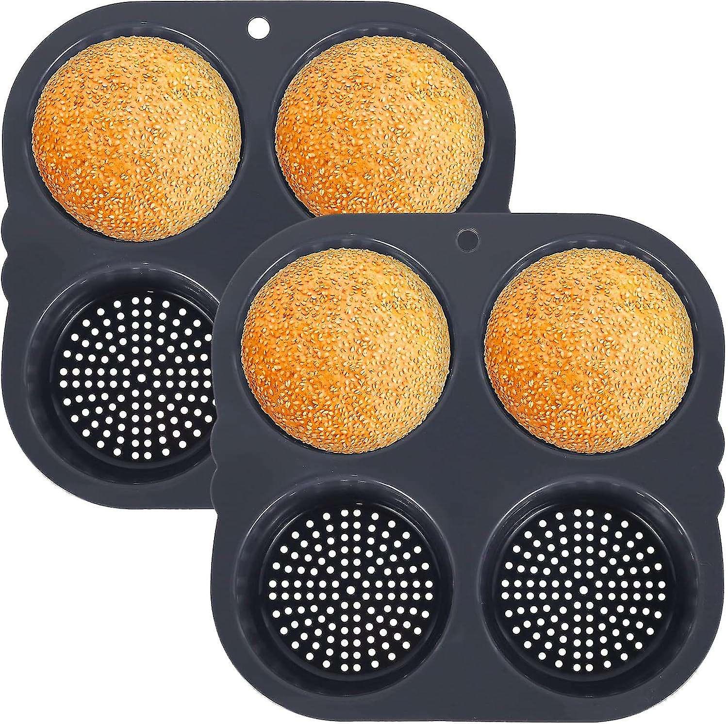 2pcs Silicone Hamburger Bun Mold 4 Cavities Non-stick Egg Muffin Baking Pan Flexible Reusable Burger