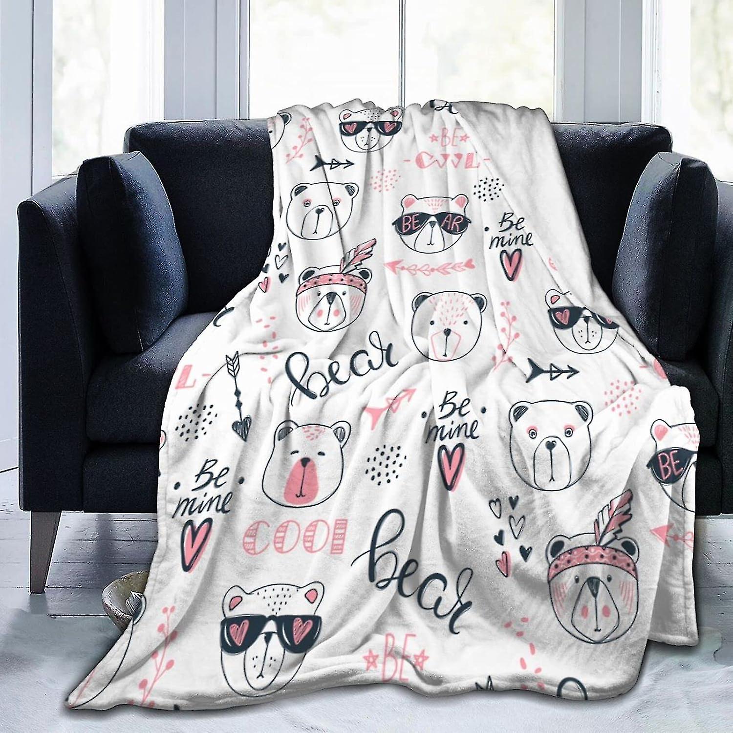 Cartoon Doodle Bear Blanket Ultra Soft Throw Blankets Lightweight Plush Flannel Throws For Sofa Couch