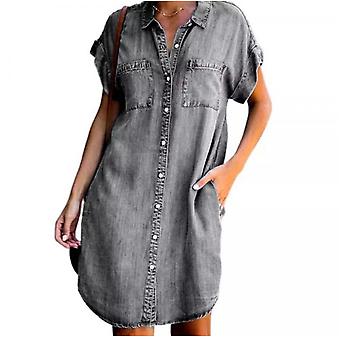 Women Denim Shirt Short Sleeve Dresses Casual Loose V-Neck Midi Jean Dress  Tunic Distressed Button D | Fruugo US