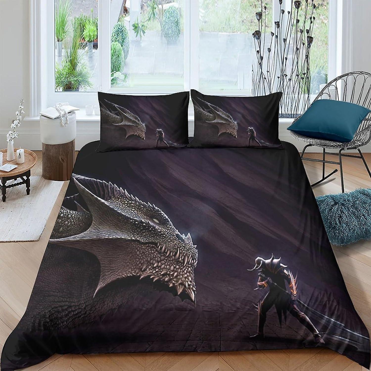 LOUSON DragonDekbedovertrekset 3D Beddengoedset Trompbedovertrekset Sprei Hoes Microvezel 3-delige set Dekbedovertrek met ritssluiting Soft King