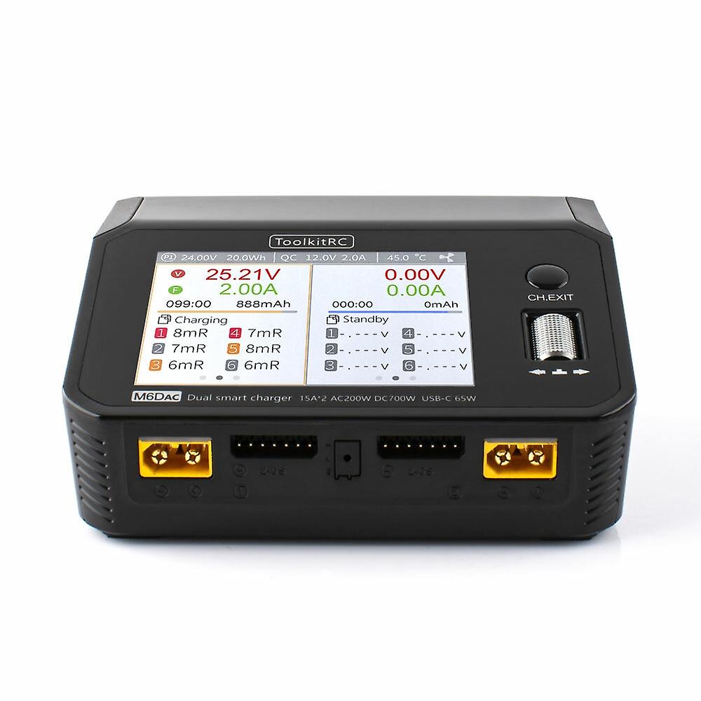 ToolkitRC M6DAC AC 200W DC 700W 15A*2 USB-C 65W QC3.0 Dual Channel Smart Lipo Battery Charger Discha