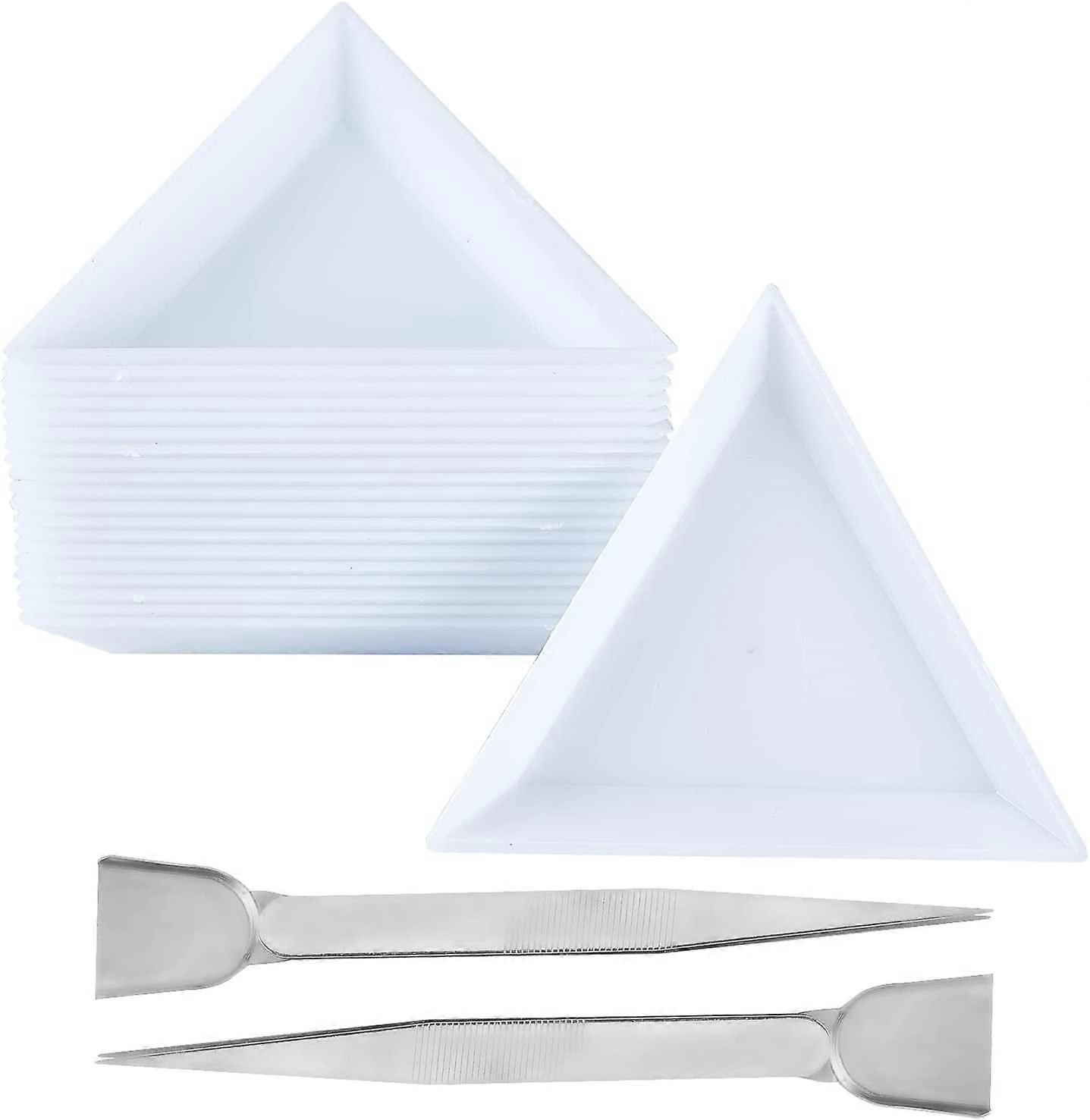 Bead Sorting Trays 20pcs Triangle White Plastic Trays and 2pcs Stainless Steel Handy Tweezers with Scoop Beads Gems Pickup Tweezers for Beads Gems Rhi