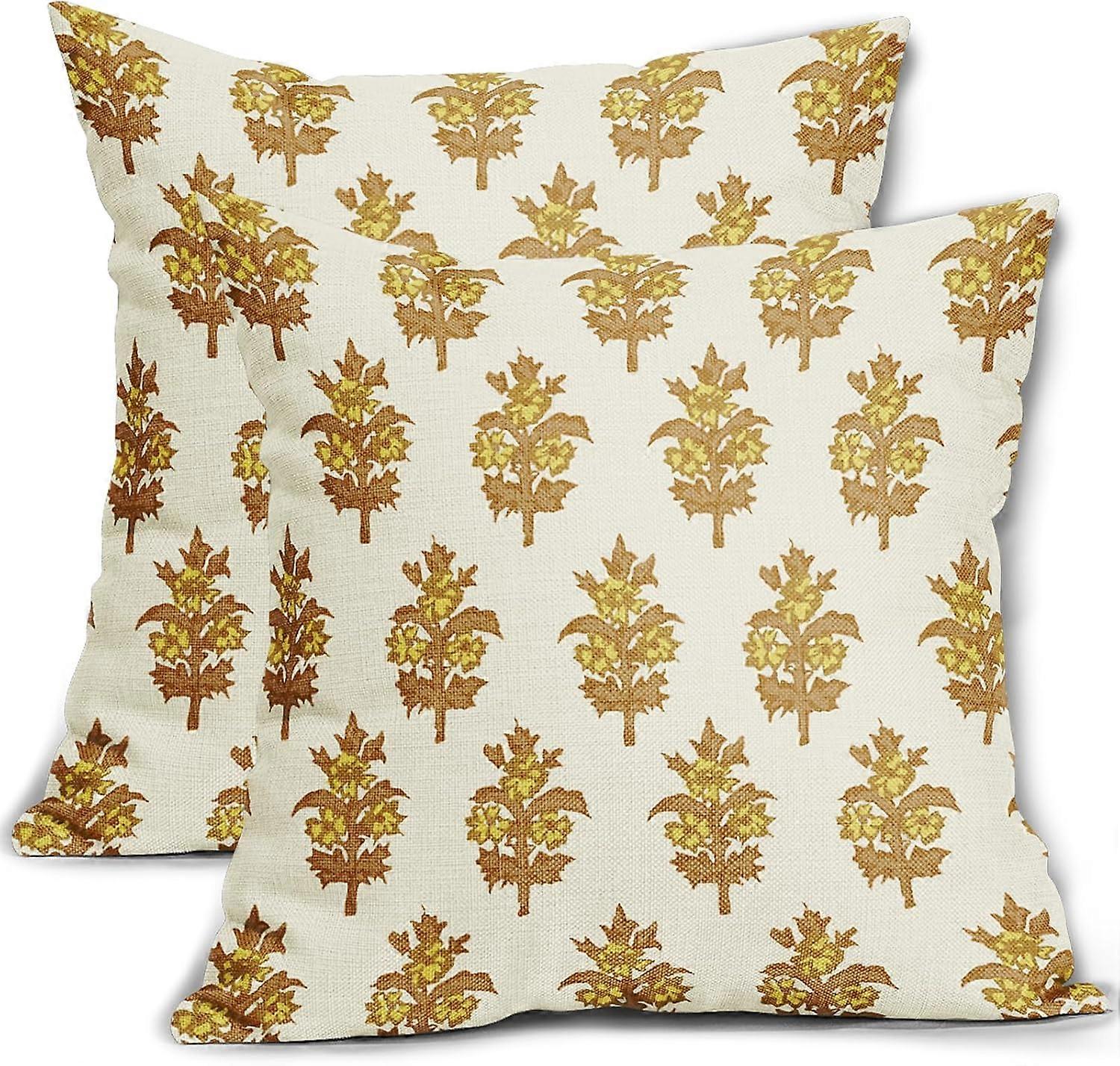 マスタードイエロー花枕カバー18x18春夏の花の葉2枚セットプリント装飾スロー枕ケース屋外農家の装飾