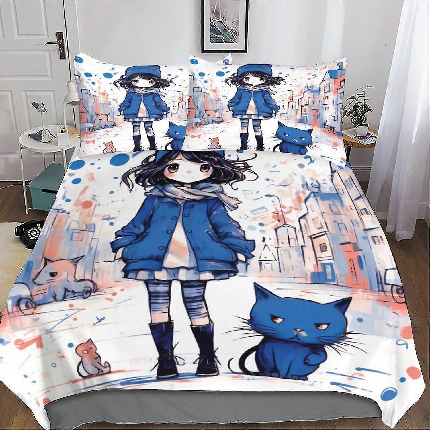 Girl Cat Bedding Set Copripiumino 3D colorato, stampato 3 pezzi, copripiumino in microfibra con chiusura a cerniera federe