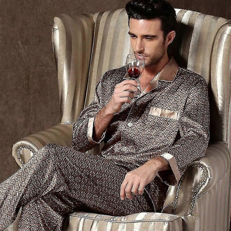 Erkek Leke İpek Pijama Takımları Pijama Erkek Pijama Baskılı İpek Gecelik Ev Erkek Saten Yumuşak Rahat Uyku Pijama