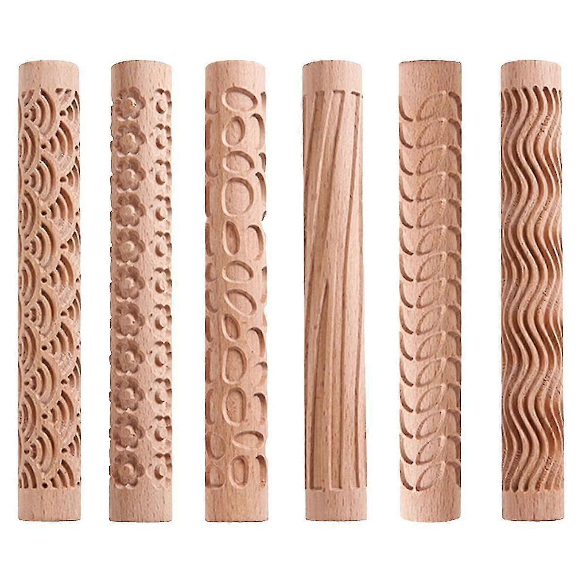 6pcs Clay Modeling Pattern Rollers, Texture Rollers For Clay Wooden Handle Pottery Tools Stars Wood Wave