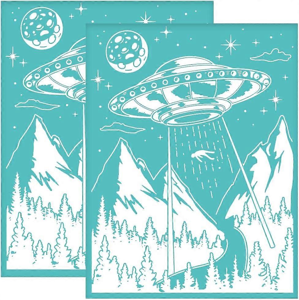 2Pcs 8.6x11 Inch Spaceship Self-Adhesive Silk Screen Printing Stencil UFO Alien Silk Screen Stencil Mountain Forest Reusable Mesh Stencils Transfer fo