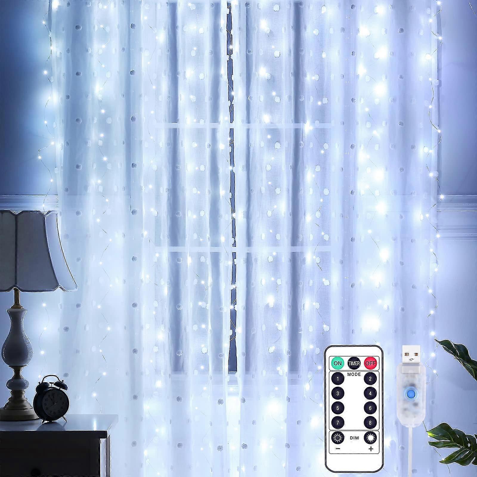 3 X 3m Led Curtain String Lights 300leds, 8 Lighting Modes, Timer Remote Control, Christmas Decoration, Window(waterproof Ip65, Cool White)