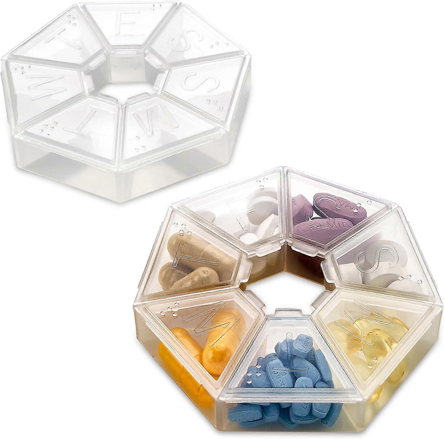 2-PACK Transparent Weekly Pill Organizer 7-Sided Pill Reminder, Round Shape