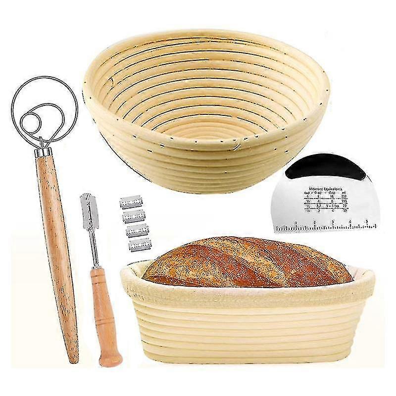Bread Proofing Basket Set Of 2 With Kit-round And Ovel Bread Baking Bowl -bread Lame- Dough Scraper
