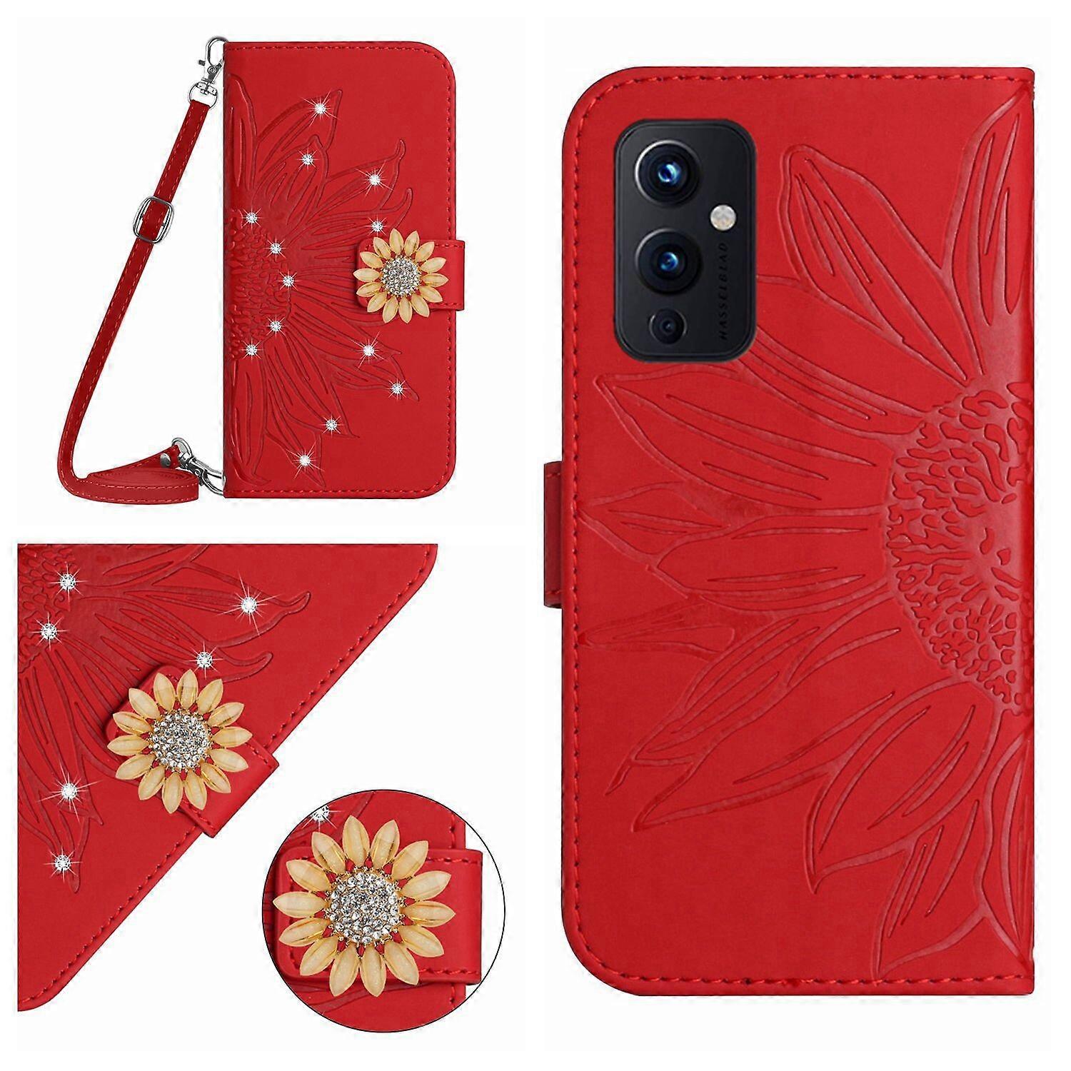 Compatible With OnePlus 9 Embossed Sunflower with Diamonds Magnetic Card Holder Wallet Phone Case with Shoulder Strap