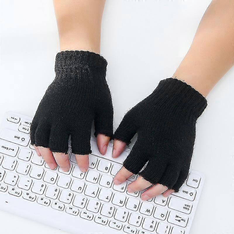 TAL 2 pairs of new pure black knitted wool half-finger warm gloves for autumn and winter men's finge