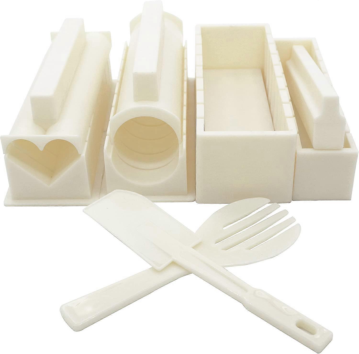10 Piece Sushi Making Kit/Rice Mold- 5 Unique Mold Shapes - Heart, Round, Pyramid, Square/DIY Japanese Home Cooking/Easy and Fun - Cream White