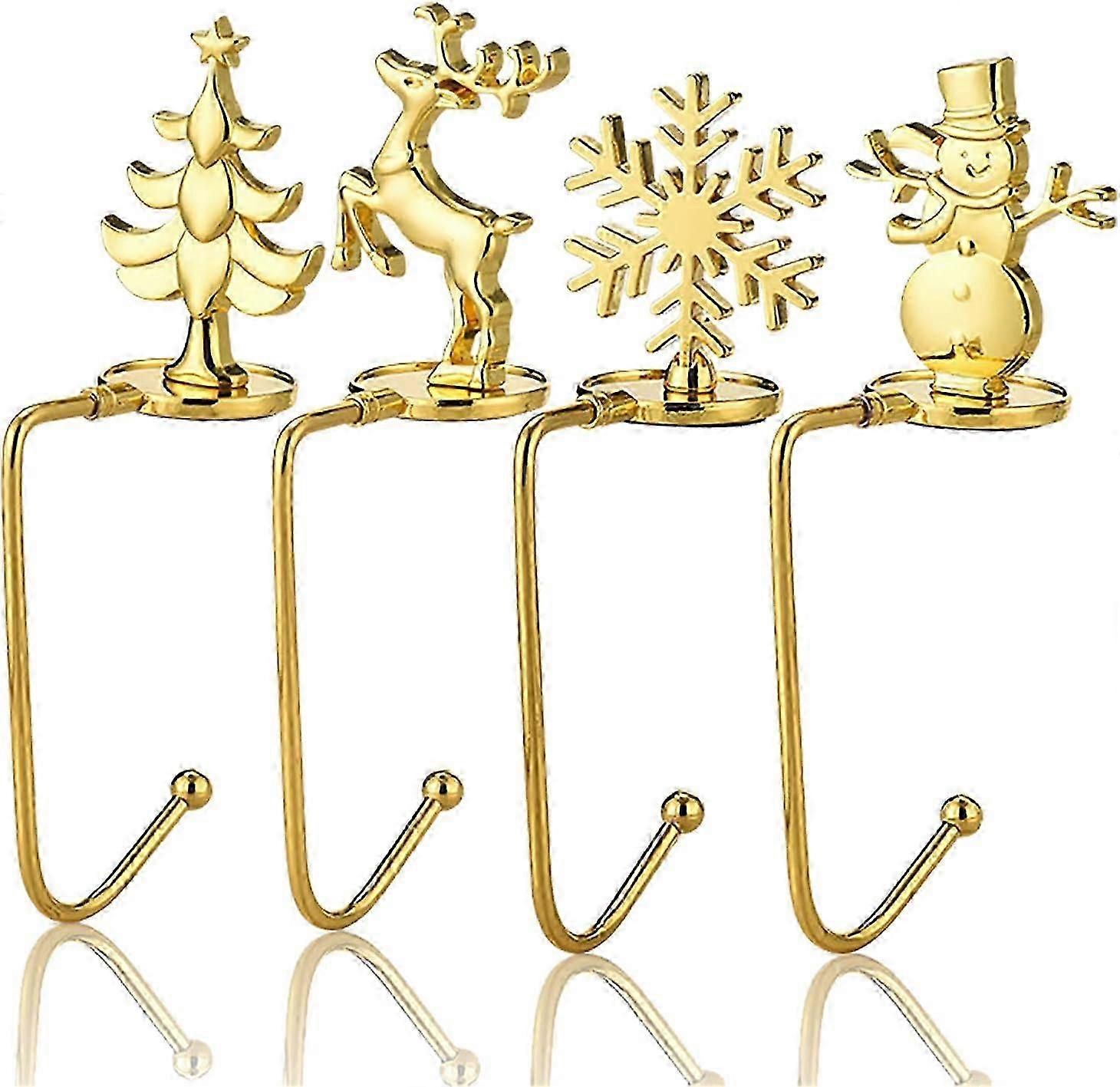 4 Pcs Christmas Hooks Stocking Hangers for Mantel Fireplace Stocking Grips Santa Snowman Elk Christmas Tree
