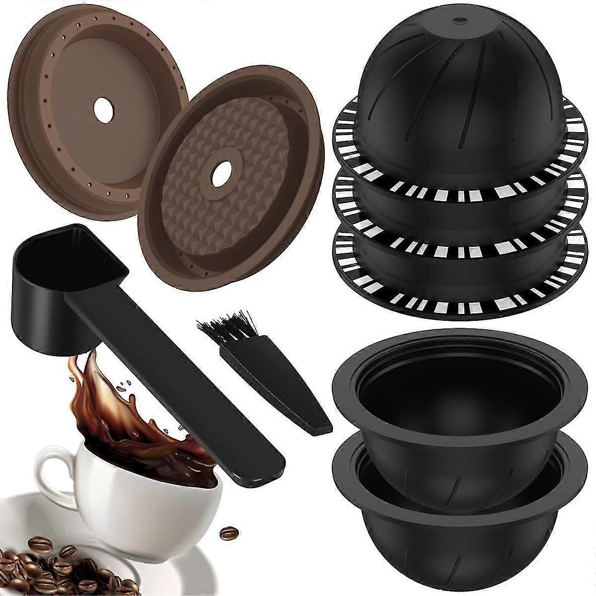 5Pcs Reusable Vertuo Pods for Machine, Coffee Capsule with 2 Silicone Lids 1 Spoon and Brush, (230M