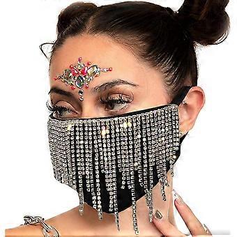 UBIUO Crystal Face Masks Black Tassels Rhinestone Mask Masquerade Masks for Women and Girls A -