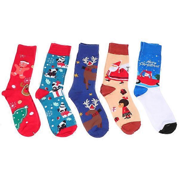 5 Pairs Christmas Style Patterned Mid-calf Length Socks Santa Claus Pattern Socks