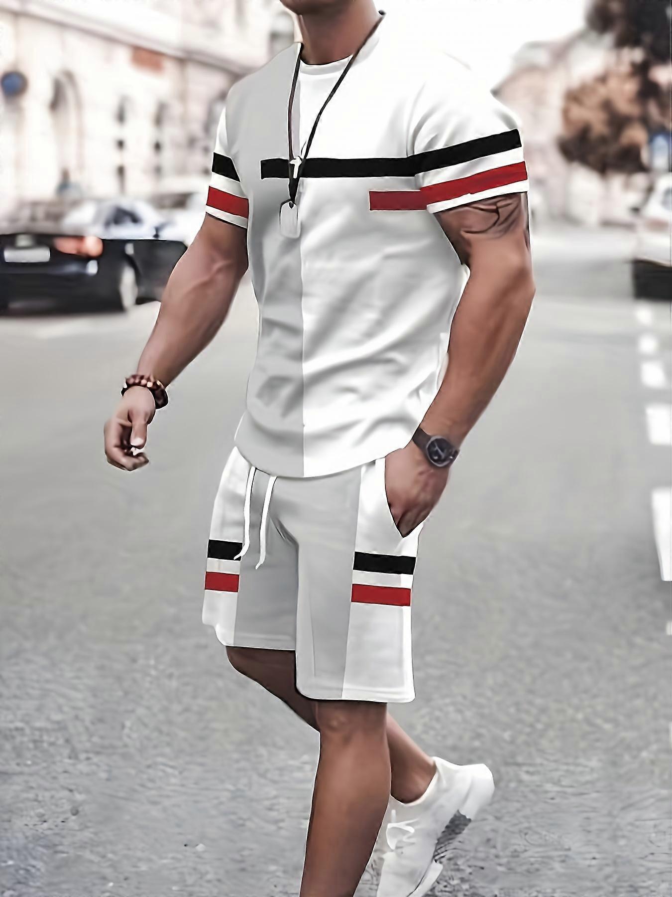 New style Color Block Pattern Print, 2Pcs Outfits For Men, Casual Crew Neck Short Sleeve T-shirt Tee And Drawstring Shorts Set For Summer, Men's Cloth