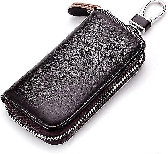 Genuine Leather Key Case With 2 Card Slots And 6 Hooks And 1 Access Card,car Key Fob Walletbrown