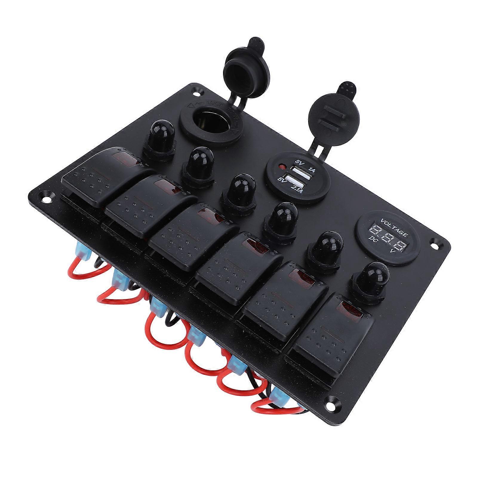 DC 12‑24V 6 Gang Rocker Switch Panel Overload Protection Dual USB Charger with Digital Voltmeter Display for Boats Yachts Cars RVs SUVs Red Light