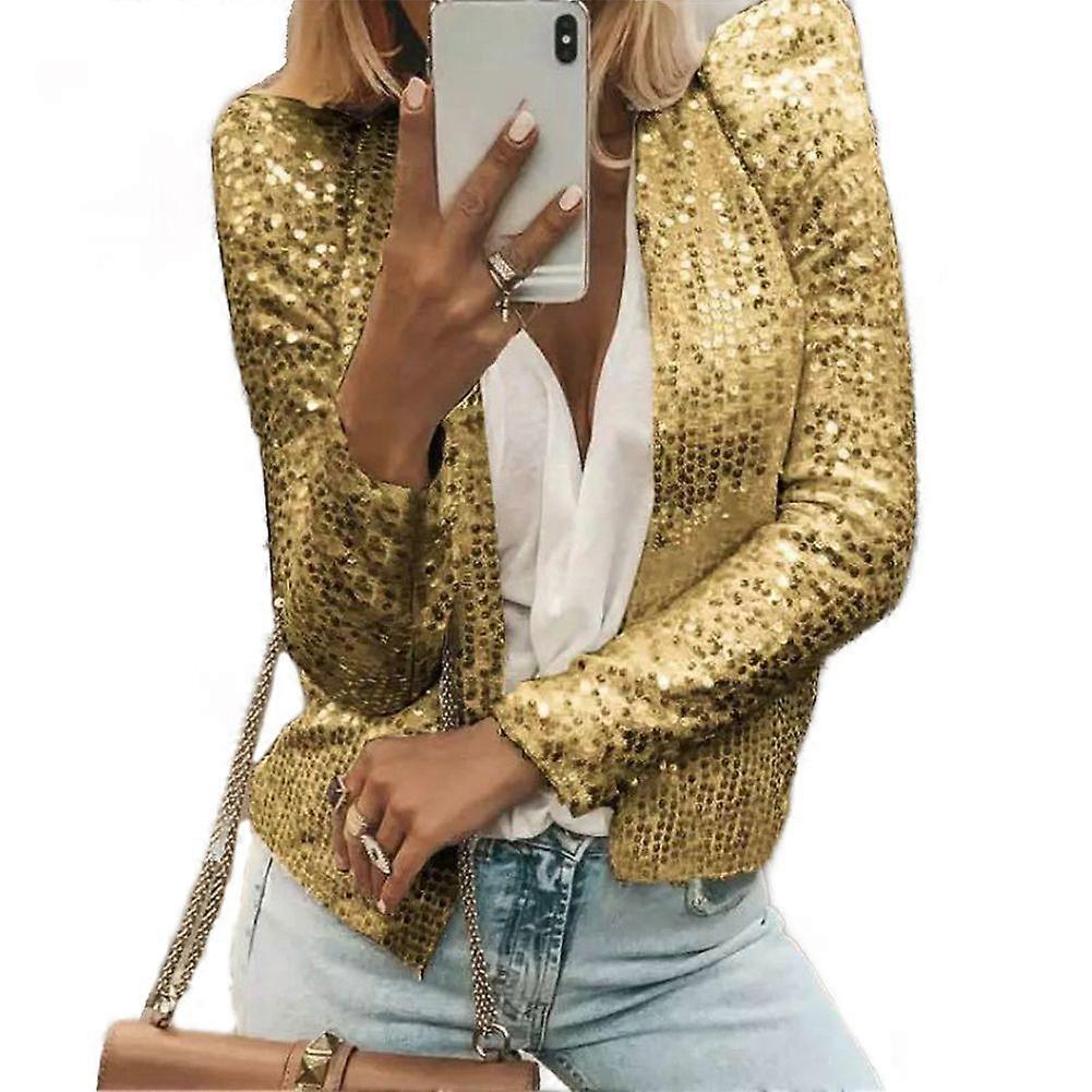 Women\'s Sequin Jacket Open Front Casual Long Sleeve Cardigan Coat Collarless Glitter Short Jacket