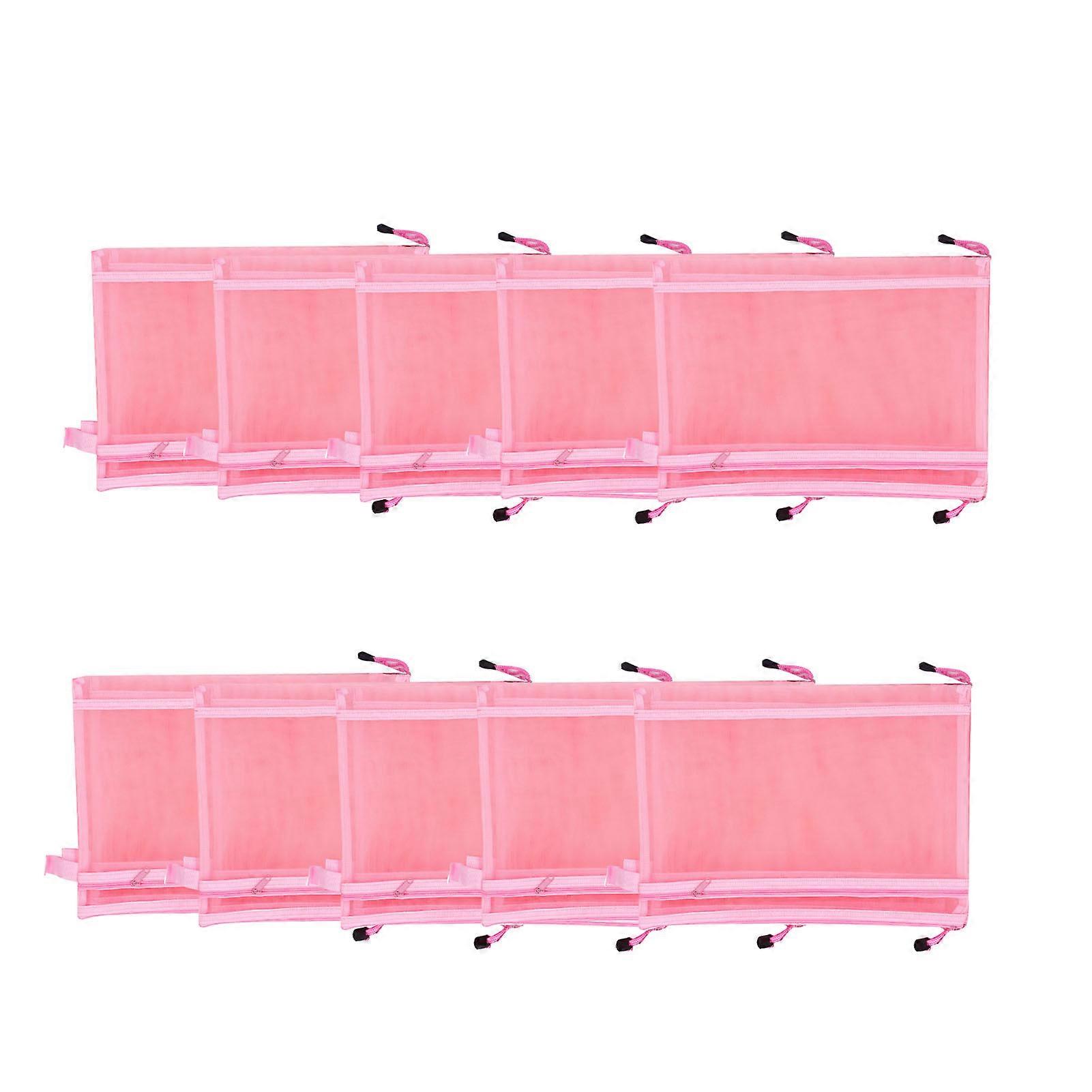 Add a Pop of Color: 10PCS Pink A4 Double Layer Mesh Zipper Pouch Bags with Handle - Ideal for School & Home
