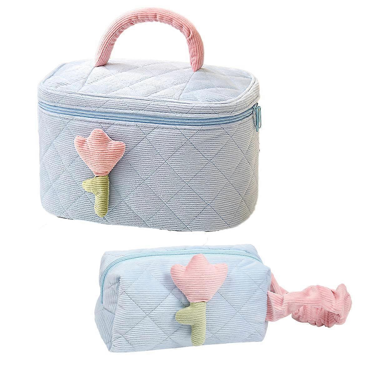 Corduroy Makeup Bag Set of 2, Quilted Cosmetic Organizer with Tulip Design, Travel Size, Durable Fabric, Multicolor
