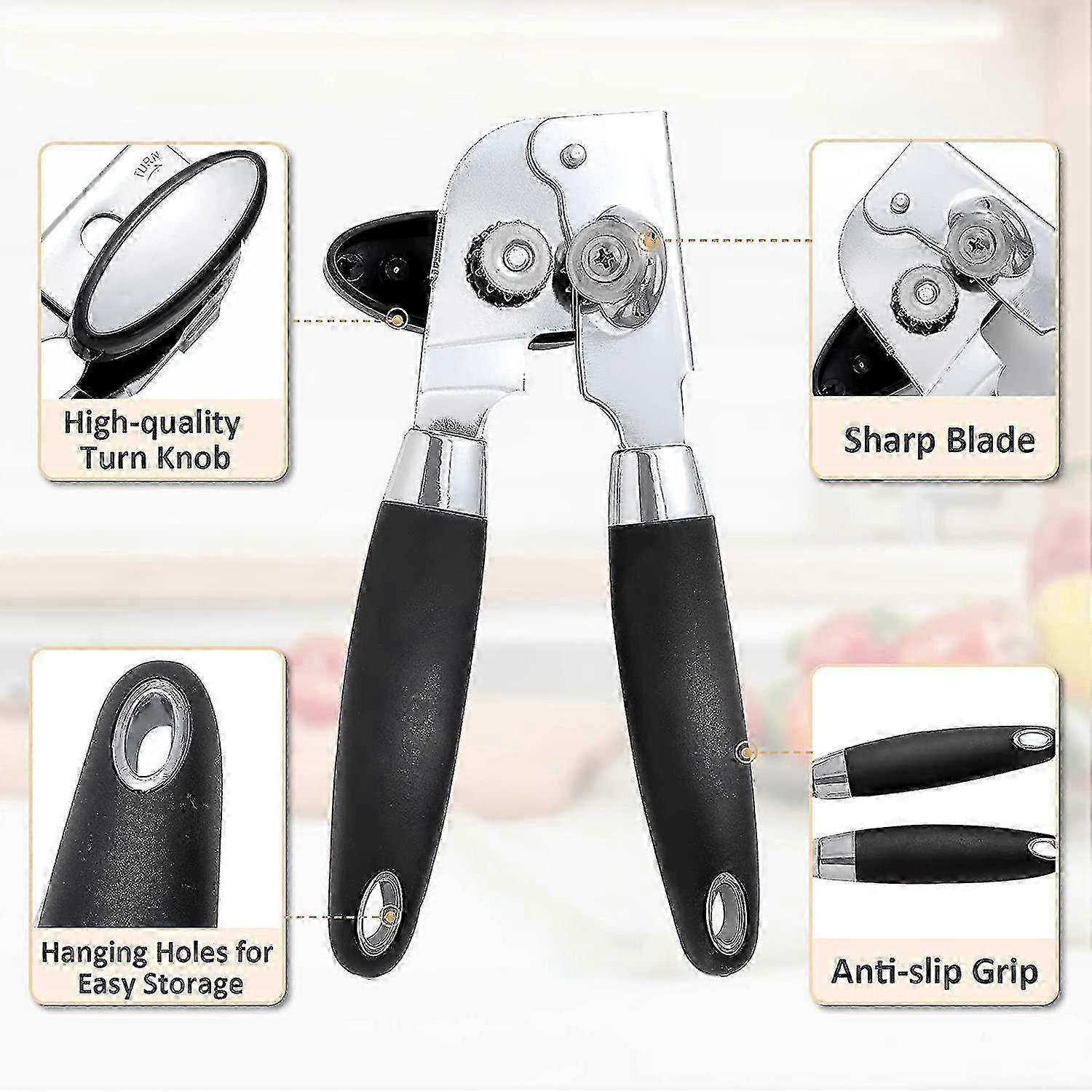 the manual non-slip handle of the can opener is ergonomic to hold the smooth edge, with a large knob