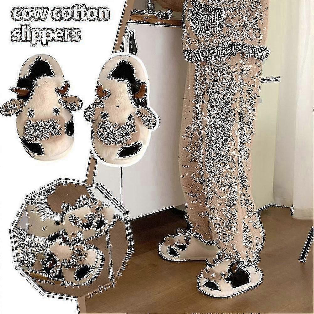 Fuzzy Cow Tofflor Söta Varma Tofflor Mysiga Bomullsskor Djurformade Slip-on