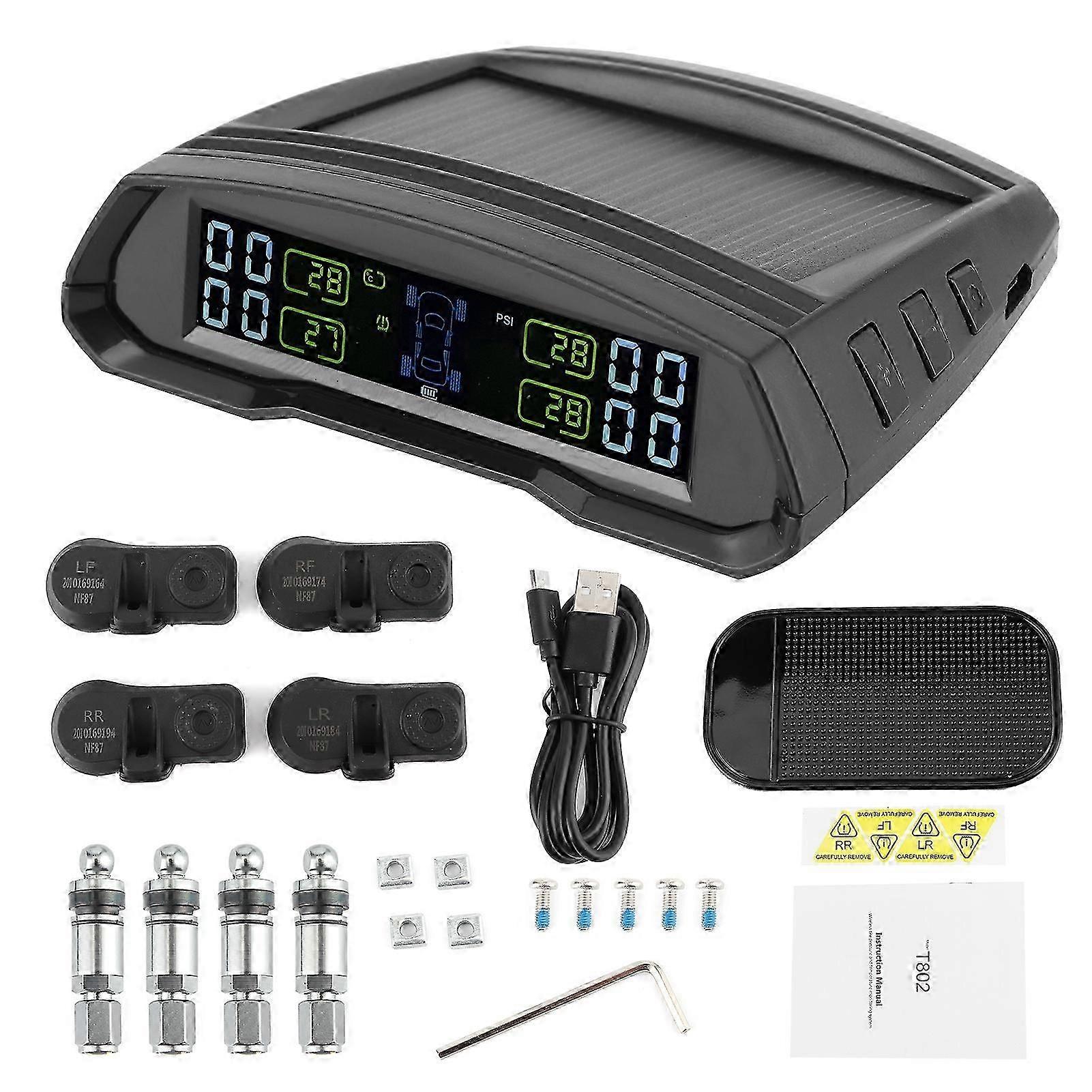 Wireless Tire Pressure Alarm Monitor Solar/USB Power TPMS Digital LCD Display Sensor