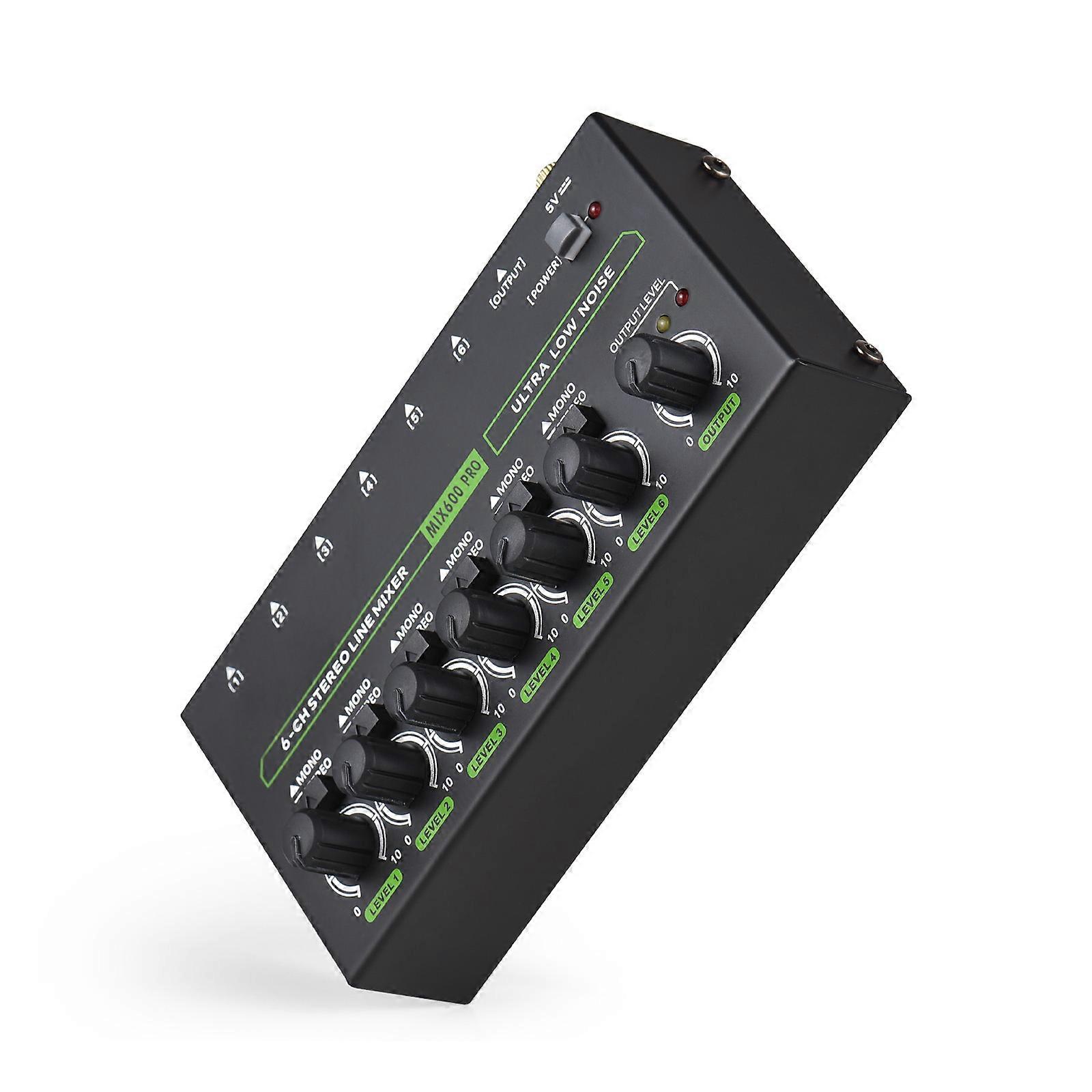 6-Channel Ultralow-noise Audio Mixer with Independent Volume Knobs, 6.35mm Input, Metal Shell for Guitar, Bass, Stage