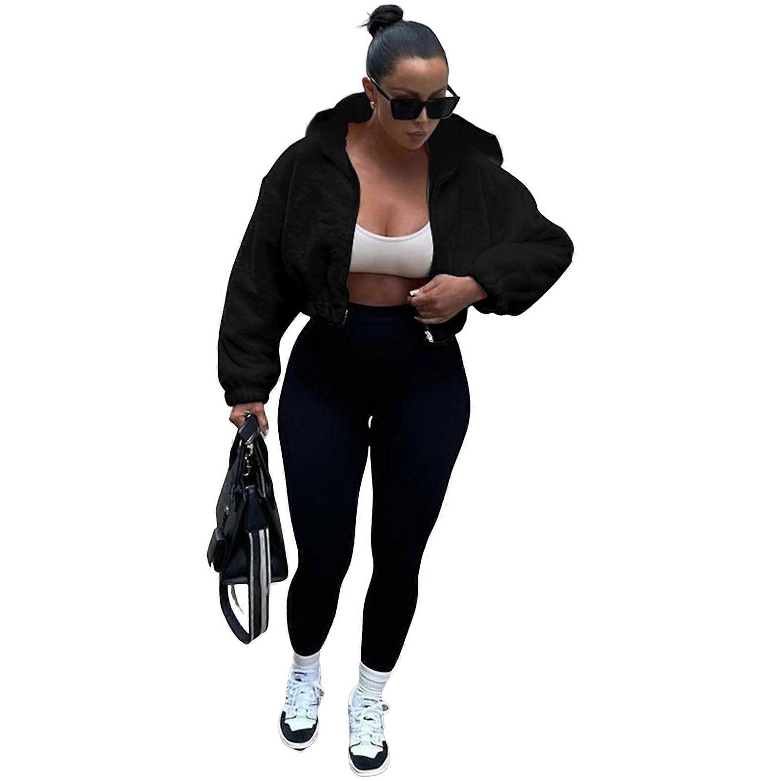 Damskie zimowe kurtki z długim rękawem z długim rękawem Zipper Up Cropped Fleece Y2K Jednolity kolor Fuzzy Casual Oversized Bluza z kapturem Znosić Płaszcz S